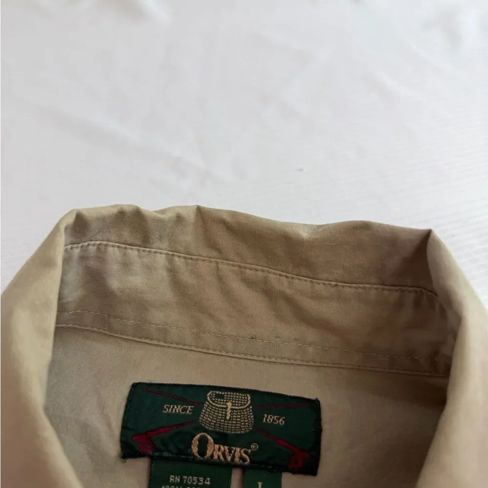 Orvis Men’s Khaki Cargo Vintage Camp Button Up Shirt Size Large